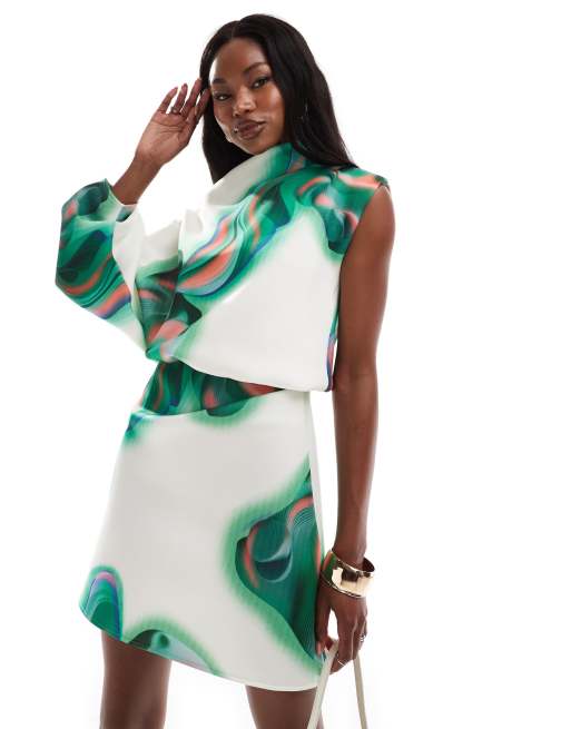 ASOS DESIGN – Sukienka mini z tkaniny typu nurek z obszernymi rękawami i abstrakcyjnym marmurowym wzorem
