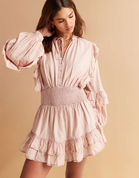 ASOS DESIGN voile mini dress with shirred waist and ruffle hem in washed pink