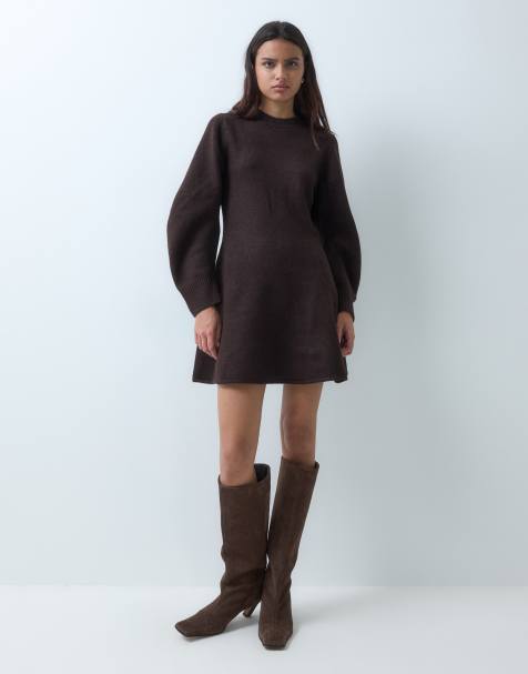ASOS DESIGN sukienka mini z zaokrąglonymi rękawami w kolorze czekoladowym - view 1