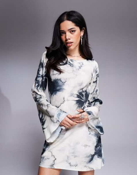 ASOS DESIGN slash neck biased mini in blow up floral print