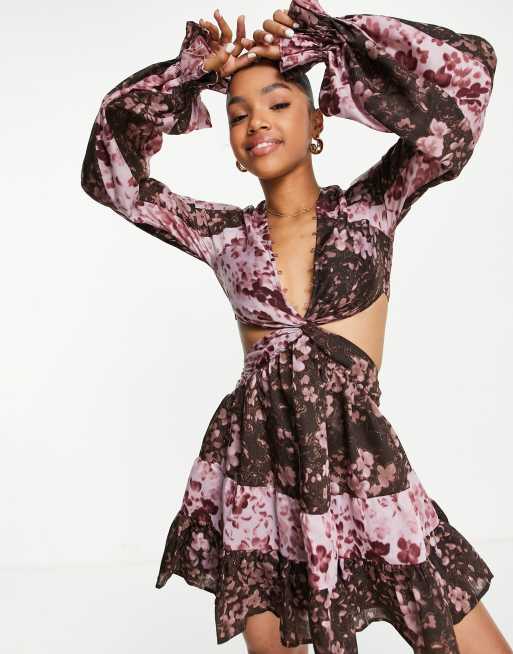 ASOS DESIGN – Sukienka mini ze skręconym przodem w abstrakcyjny wzór kwiatowy