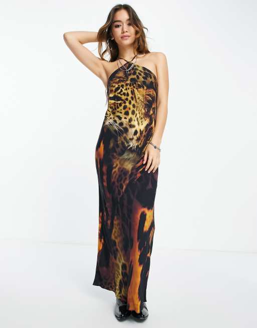 ASOS DESIGN – Sukienka na ramiączkach maxi w zwierzęcy wzór z dekoltem typu halter 