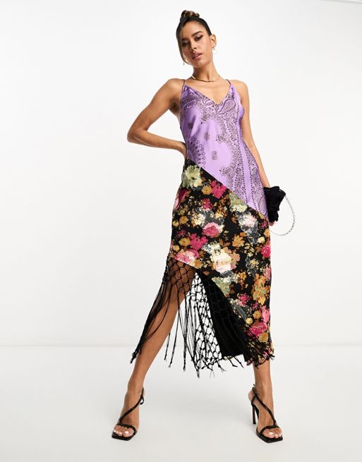 FhyzicsShops DESIGN – Sukienka na ramiączkach w mieszany metaliczny wzór z makramową wstawką 