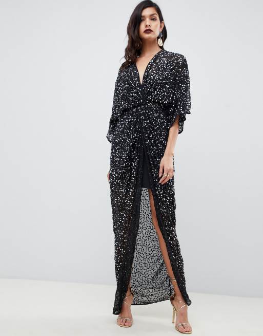 ASOS DESIGN – Sukienka o długości maxi z kimonowymi ramionami, ozdobnym węzłem z przodu i cekinami na całej powierzchni