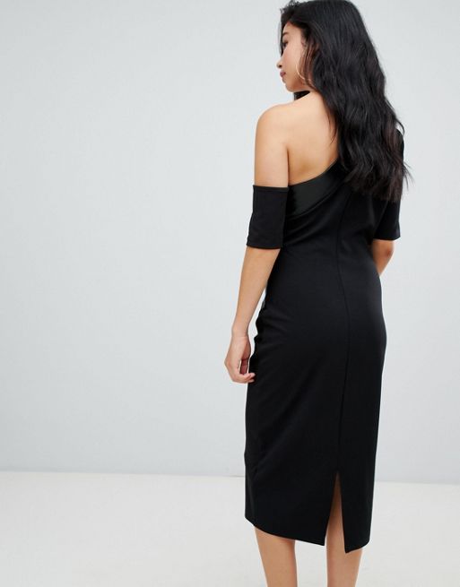 ASOS DESIGN – Sukienka ołówkowa na jedno ramię z panelem z imitacji skóry |  ASOS