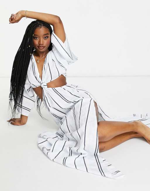 ASOS DESIGN – Sukienka plażowa maxi o kroju kimona z węzłem z przodu w szerokie pasy