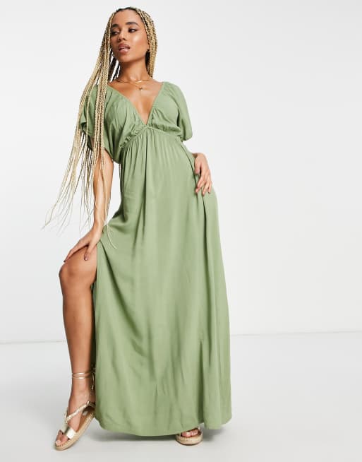 ASOS DESIGN – Sukienka plażowa maxi ze zwiewnymi rękawami w kolorze khaki – KHAKI