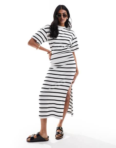 ASOS DESIGN – Sukienka T-shirtowa midi w czarno-białe paski z okrągłym dekoltem i marszczeniem z boku - view 1