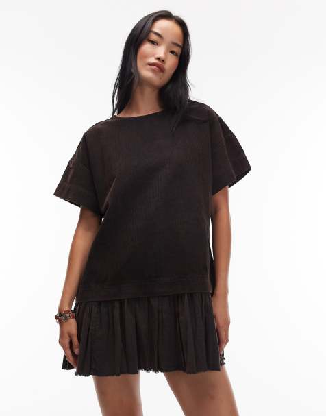 ASOS DESIGN – Sukienka T-shirtowa mini oversize ze sztruksową górą w spranym czarnym kolorze - view 1
