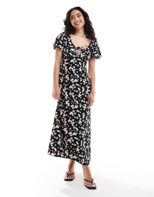 ASOS DESIGN – Sukienka wiązana midi z bufkami w kwiatowy wzór