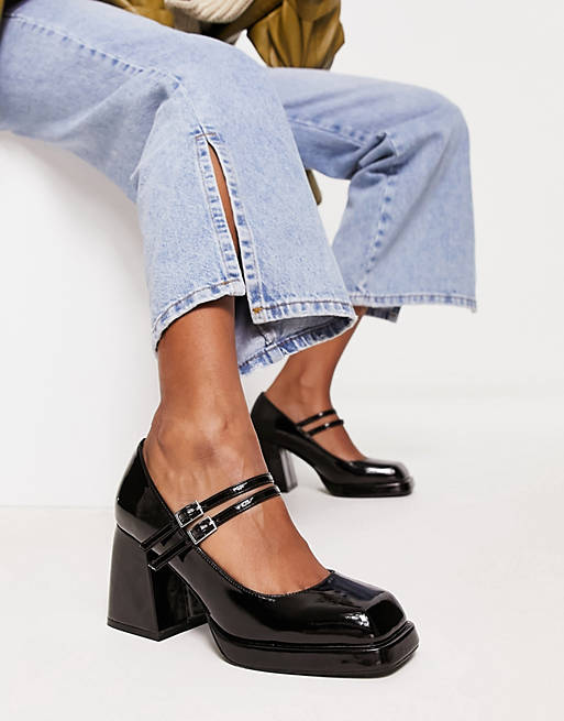 ASOS DESIGN Sully platform mary jane mid shoes in black patent | ASOS