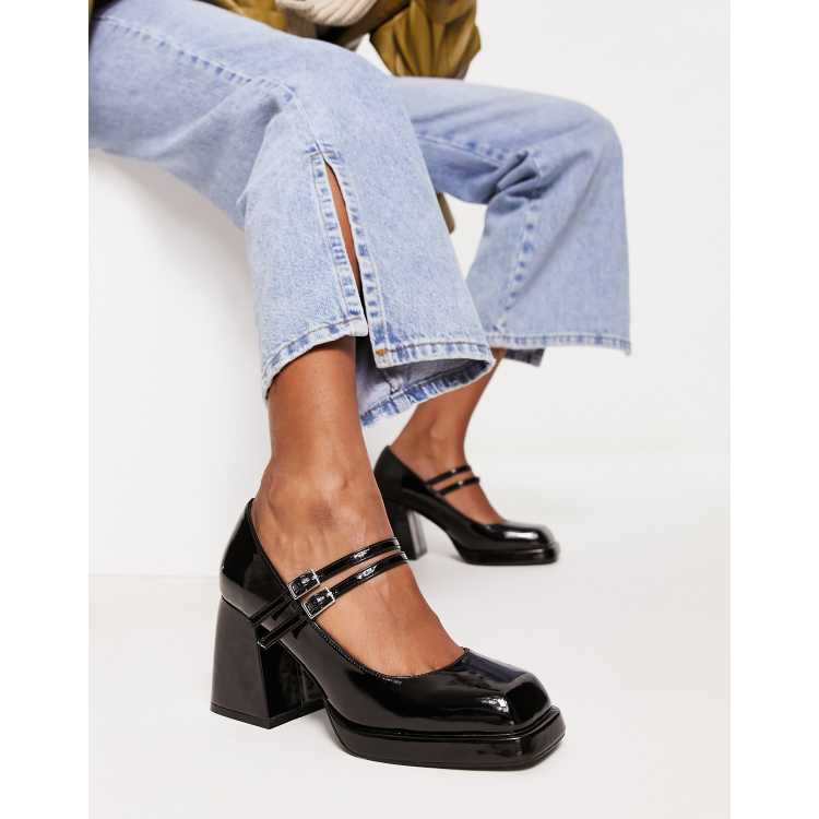 ASOS DESIGN Sully platform mary jane mid shoes in black patent ASOS