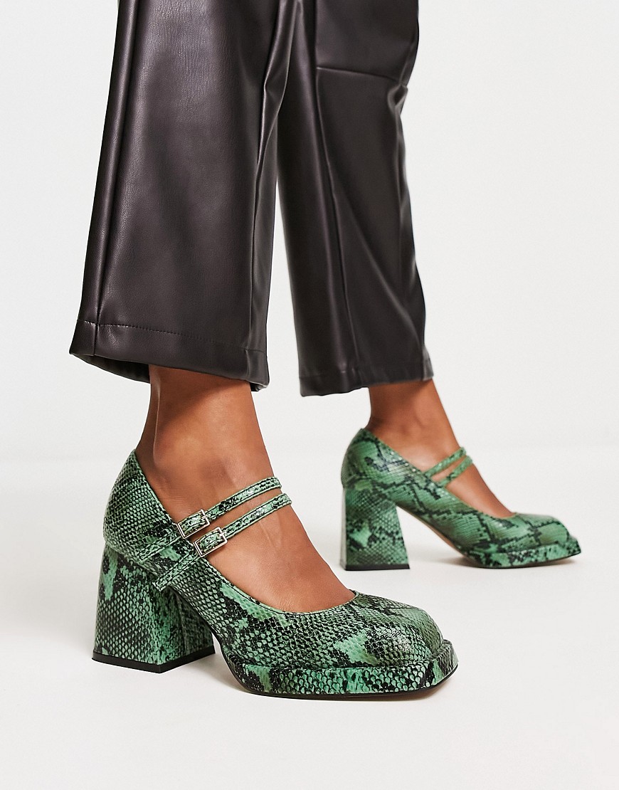 Asos Design Sully Platform Mary Jane Mid Shoes In Green Snake