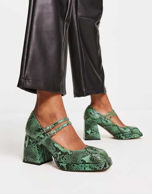 ASOS DESIGN Sully platform mary jane mid shoes in green snake