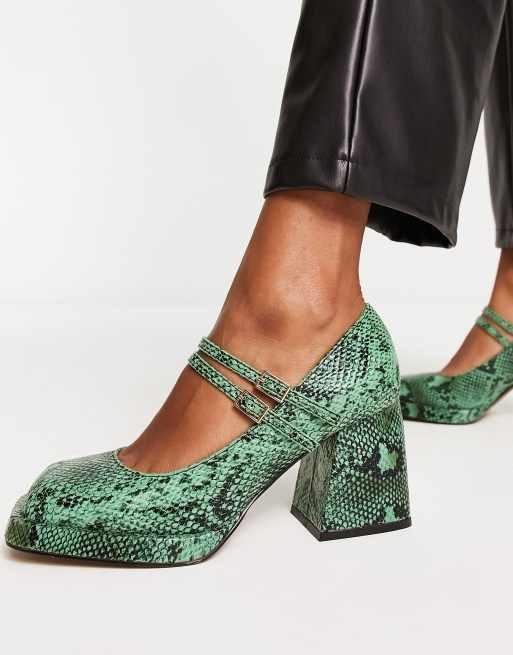 ASOS DESIGN Sully platform mary jane mid shoes in green snake