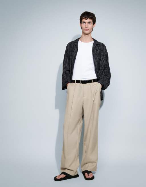 ASOS DESIGN summer cotton smart wide leg trousers in light stone, 3 of 5