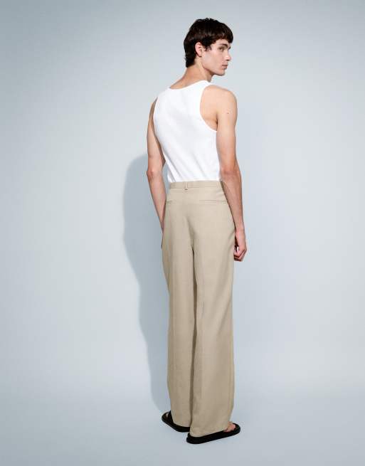 ASOS DESIGN summer cotton smart wide leg trousers in light stone, 4 of 5