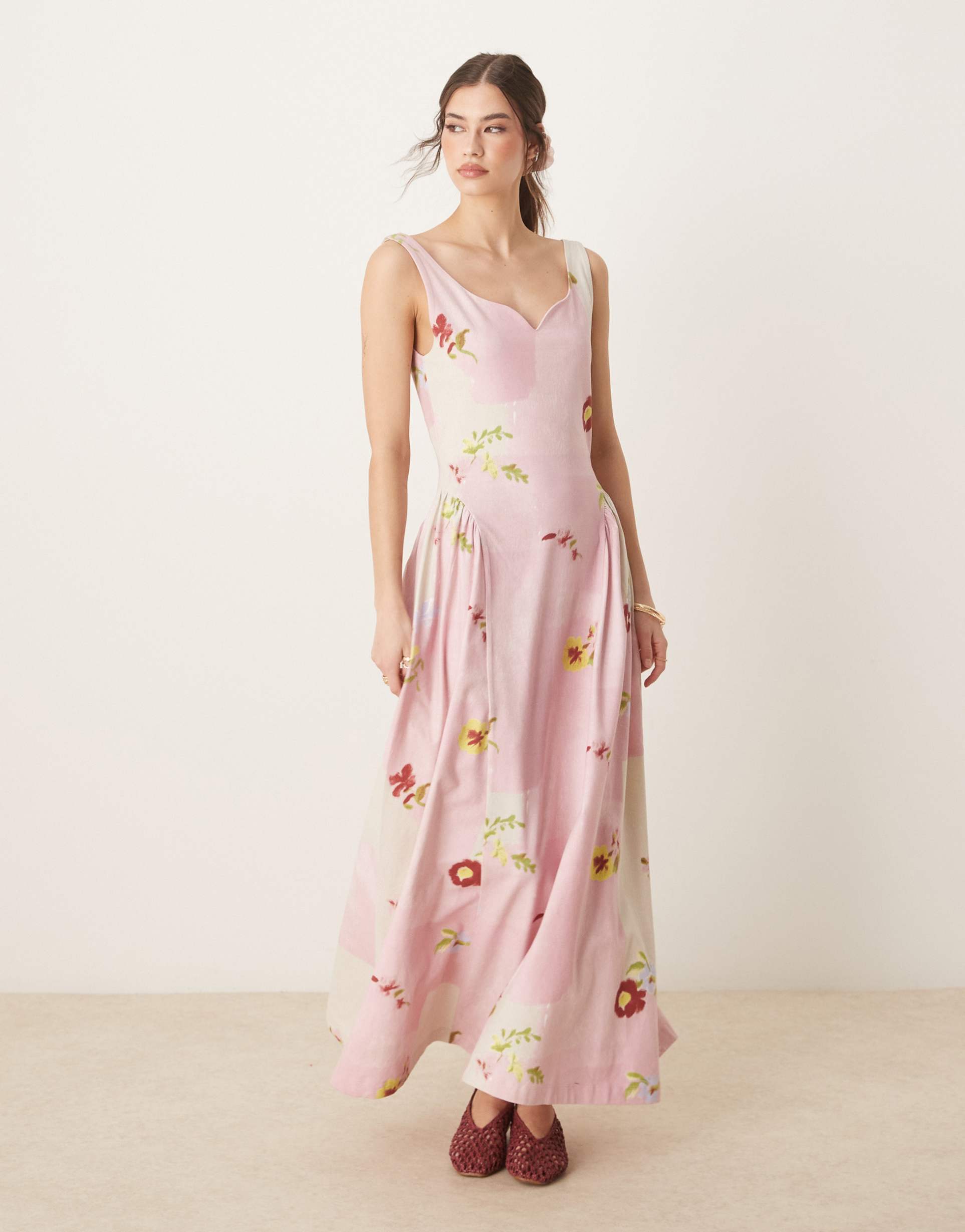 asos design summer maxi dress with full skirt in pink floral patchwork print