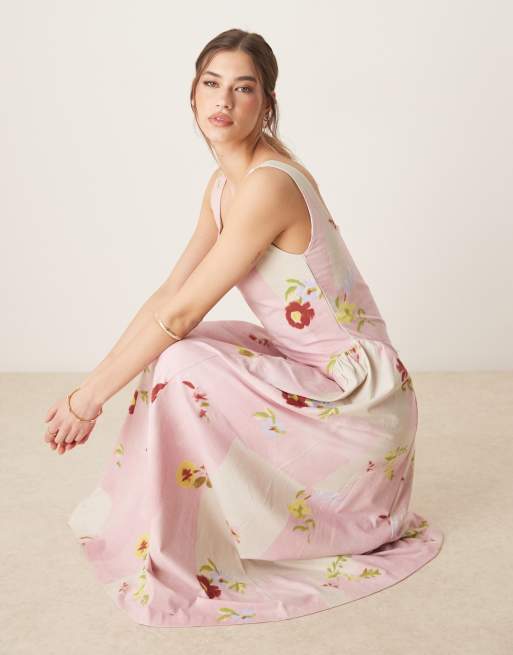ASOS DESIGN summer maxi dress with full skirt in pink floral patchwork print