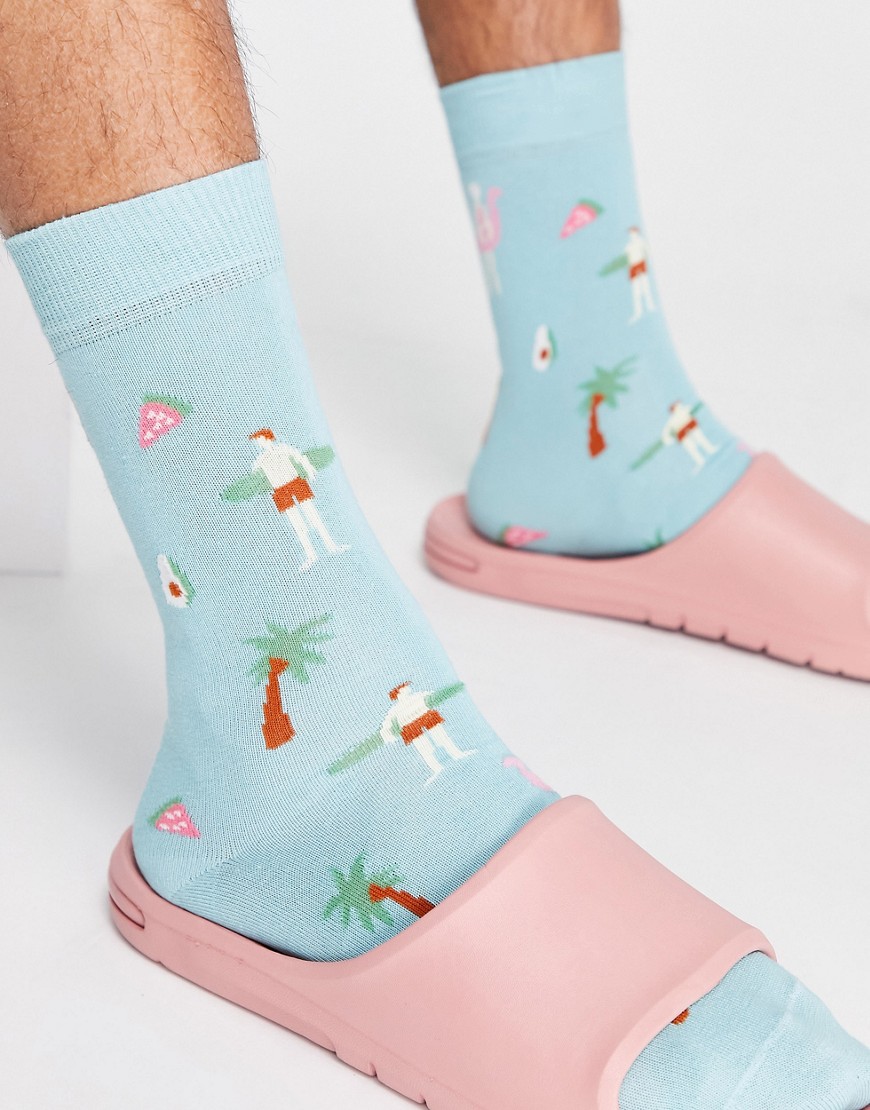 ASOS DESIGN summer palm tree ankle socks in light blue-Blues