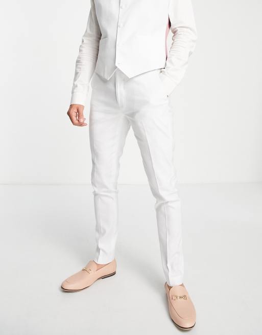ASOS DESIGN – Summer Wedding – Białe obcisłe spodnie garniturowe z tkaniny z dodatkiem lnu