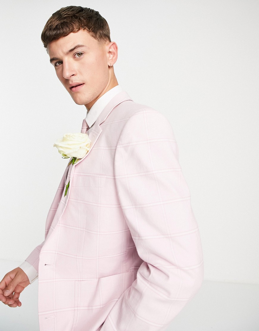 ASOS DESIGN summer wedding pink skinny linen mix blazer in white windowpane