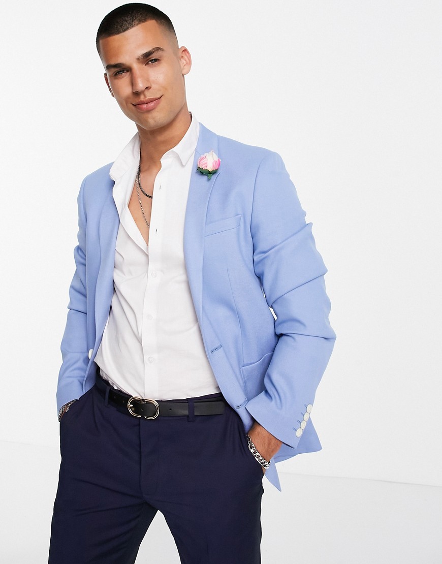 ASOS DESIGN summer wedding range super skinny suit jacket in pale blue-Blues