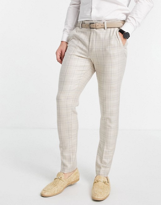 ASOS DESIGN summer wedding range super skinny suit trousers in camel check with stripe