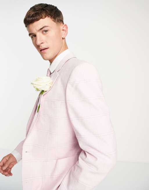 ASOS DESIGN – Summer Wedding – Rosa kavaj i linnemix med vitt rutmönster och smal passform