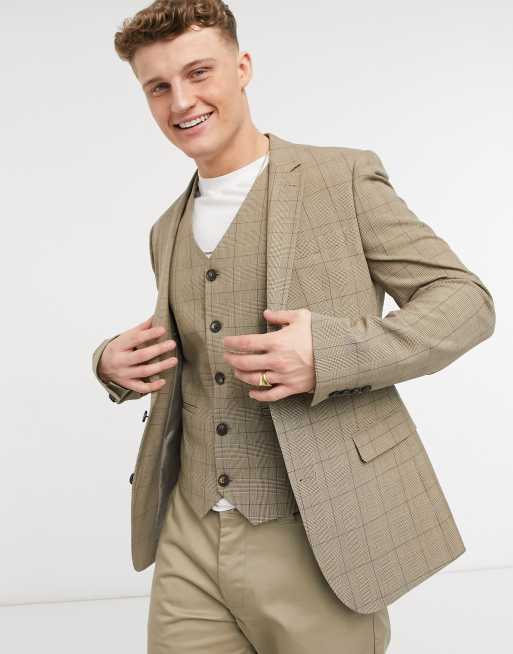 ASOS DESIGN – Summer Wedding – Super eng geschnittene Anzugjacke in Braun kariert
