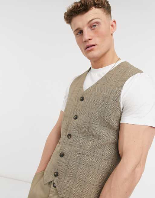 ASOS DESIGN – Summer Wedding – Super eng geschnittene Anzugweste in Braun kariert