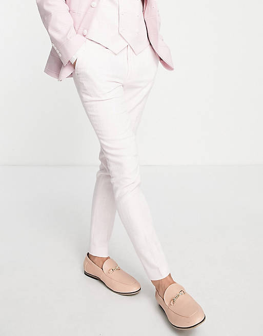 Men summer wedding white colour range skinny crosshatch suit trousers in pink 