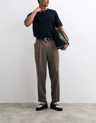 Asos Design Summer Wool Oversized Tapered Pleated Pants In Brown