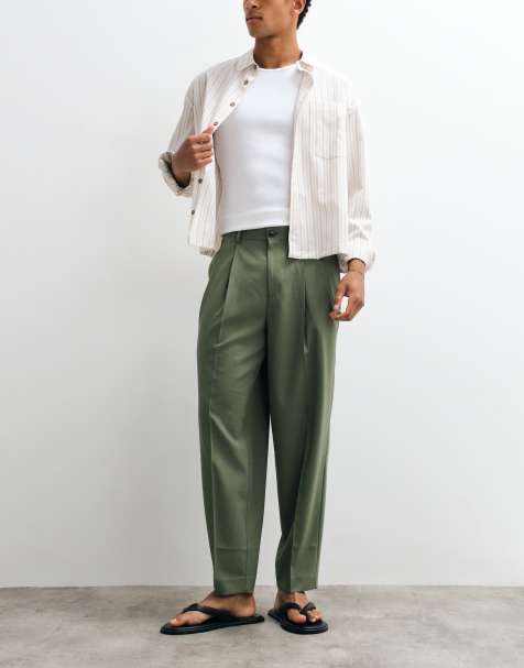 ASOS DESIGN summer wool oversized tapered pleated trousers in olive green