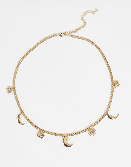 ASOS DESIGN sun and moon chain waist and hip belt in gold 