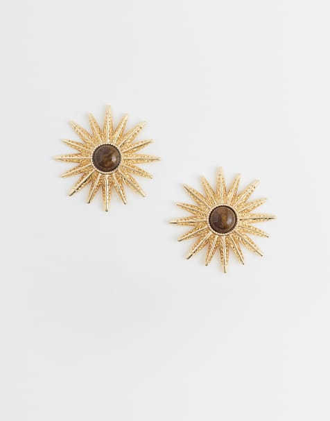 ASOS DESIGN sun earrings with faux tigers eye stone in gold tone - view 1