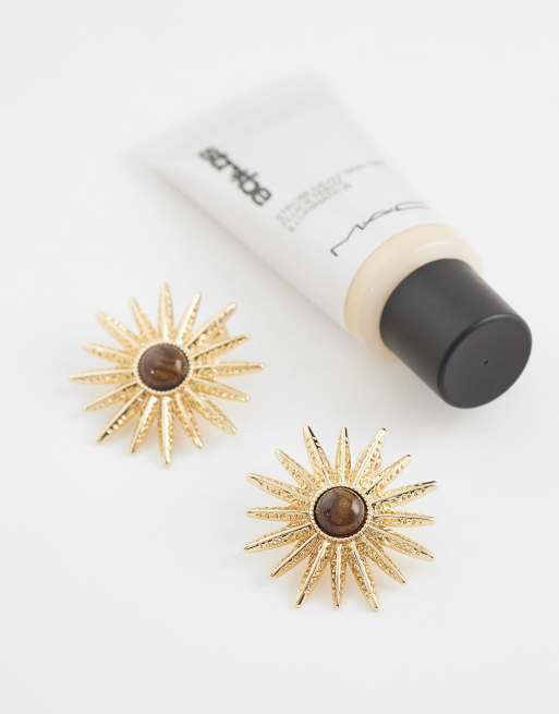ASOS DESIGN sun earrings with faux tigers eye stone in gold tone, 2 of 4
