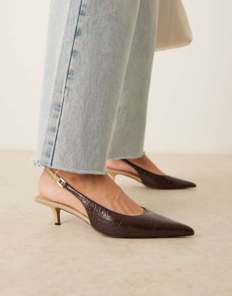 ASOS DESIGN Sunday slingback kitten heels in brown croc - view 1