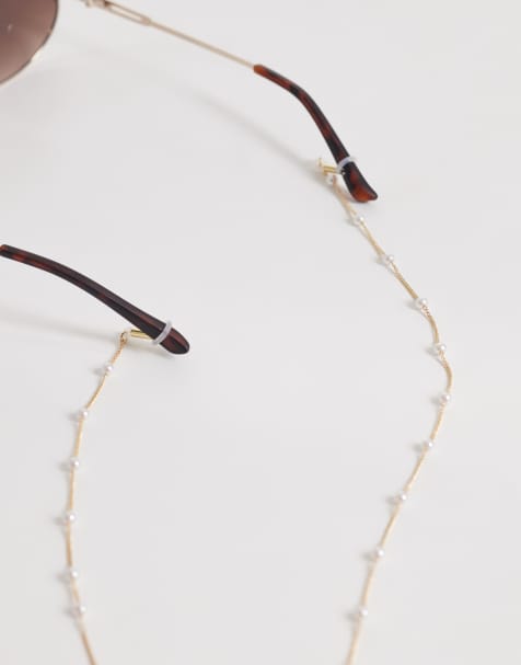 ASOS DESIGN sunglasses chain with faux-pearl station design in gold tone - view 1