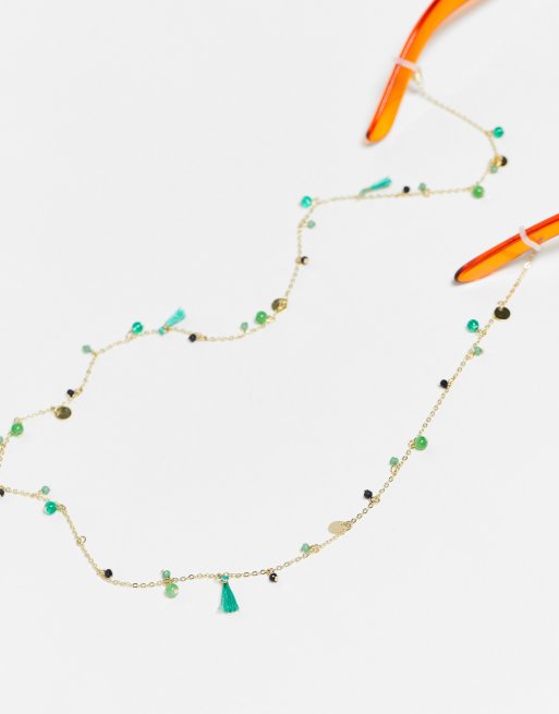 ASOS DESIGN sunglasses chain with green bead and tassel design in gold tone , 3 of 4