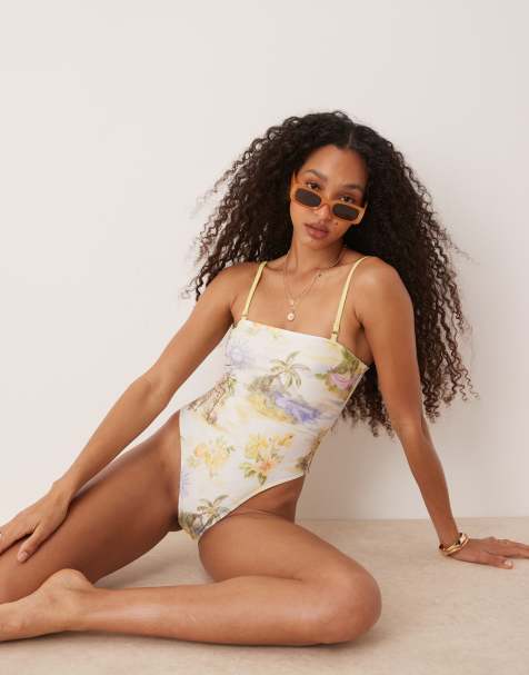 ASOS DESIGN Sunny tropical print removable strap swimsuit in yellow - view 1