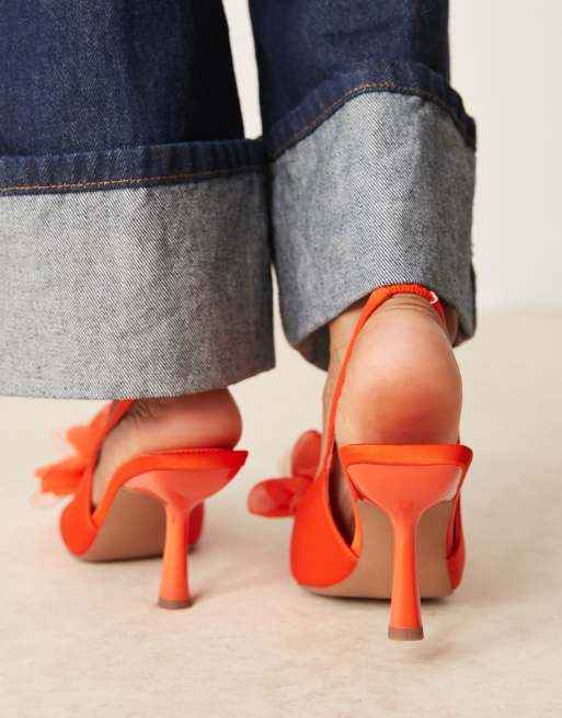 ASOS DESIGN Sunrise corsage slingback mid heeled shoes in orange, 3 of 4