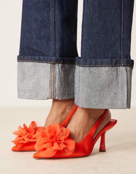ASOS DESIGN – Sunrise – Schuhe in Orange mit Ansteckblumen-Detail, Fersenriemen und mittelhohem Absatz - view 1