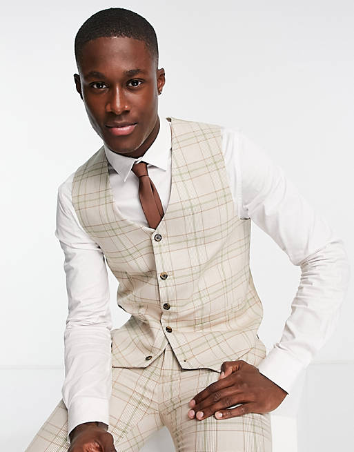 Asos Men Clothing Jackets Waistcoats Supe skinny mix and match vest in beige tonal plaid 