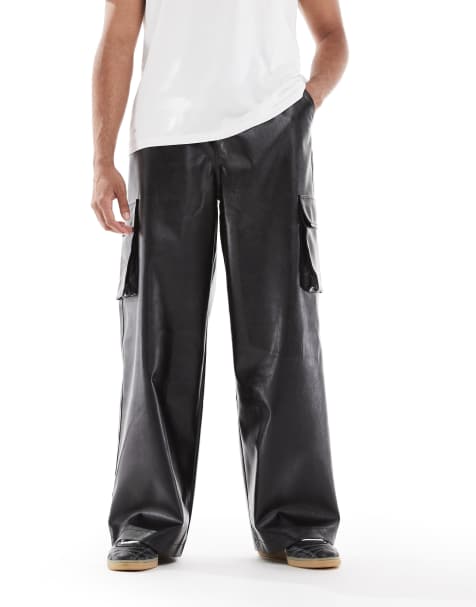 ASOS DESIGN loose cargo trousers in black faux leather