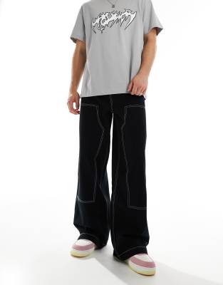 super baggy chino pants with carpenter detail in black with contrast stitch