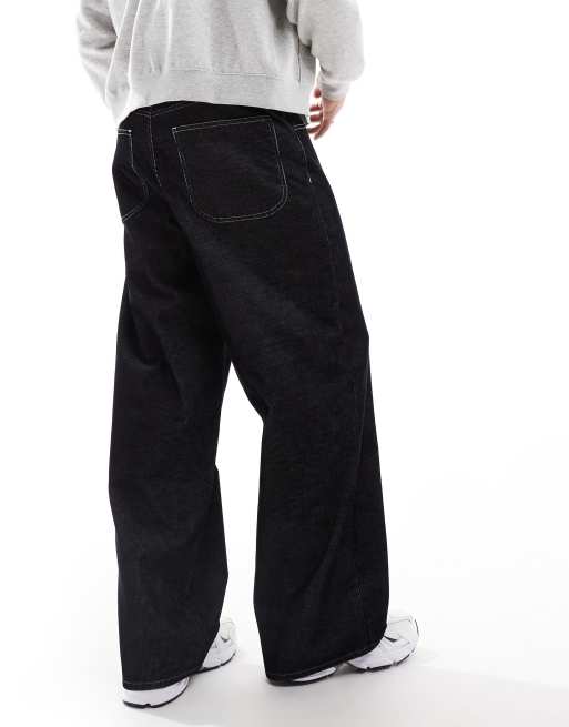 ASOS DESIGN super baggy cord pants with contrast stitch in black , 4 of 5