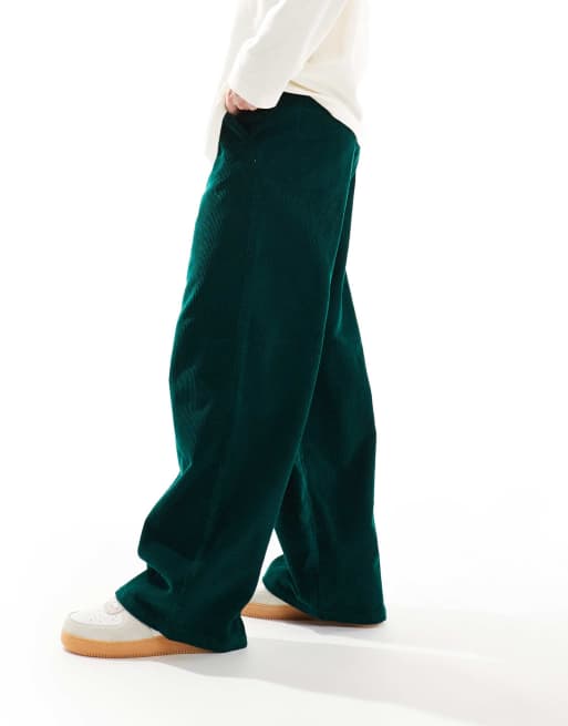 ASOS DESIGN super baggy cord trouser in dark green 