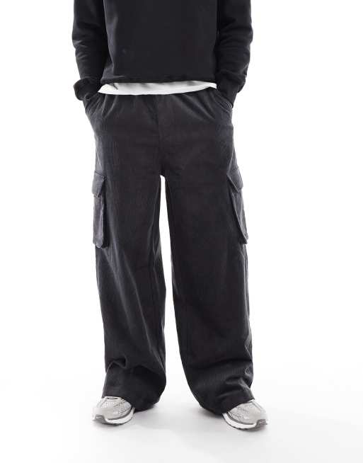 ASOS DESIGN super baggy corduroy cargo pants in charcoal