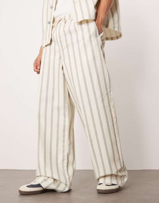ASOS DESIGN - Super-baggy cremehvide bukser med blå striber - Del af sæt, 2 af 5